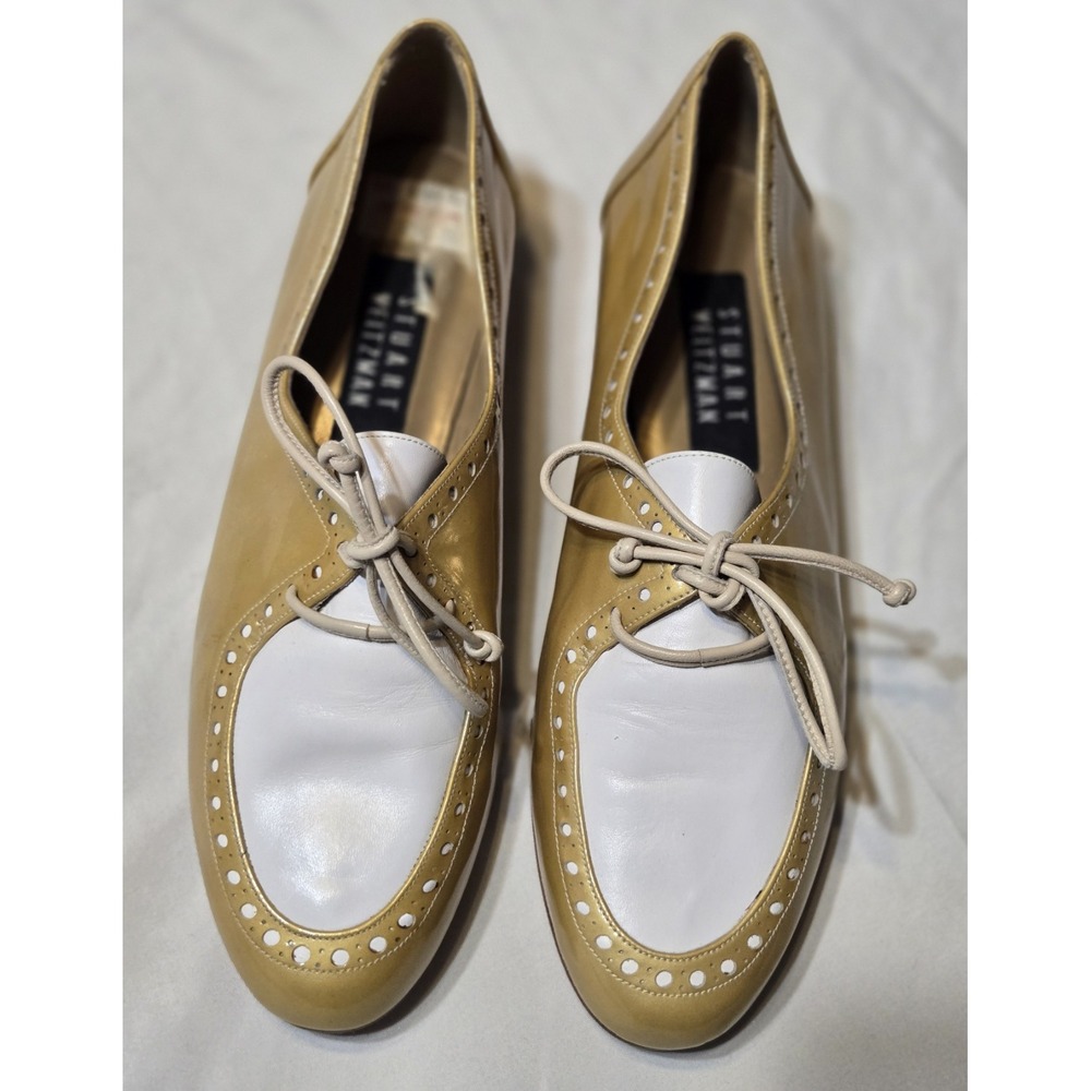 Stuart Weitzman Vtg Two-tone Oxford Flats Patent Leather Gold White 6.5M Spain
